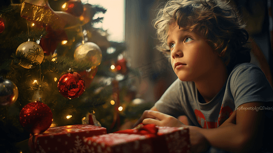 圣诞节平安夜礼物摄影照片_圣诞节平安夜收到礼物的小男孩