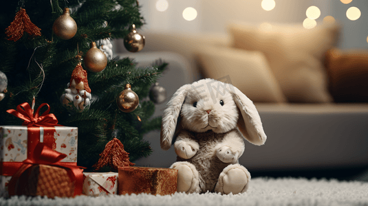 玩偶小兔子摄影照片_圣诞树下的毛绒玩具小兔子