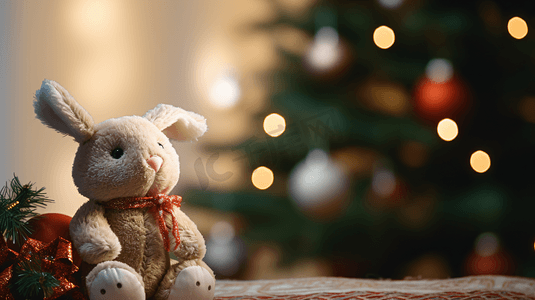 玩偶小兔子摄影照片_圣诞树下的毛绒玩具小兔子