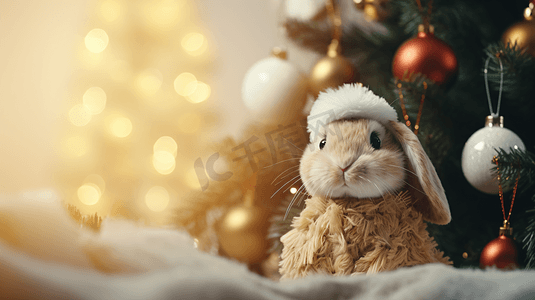 圣诞摄影照片_圣诞树下的可爱小兔子