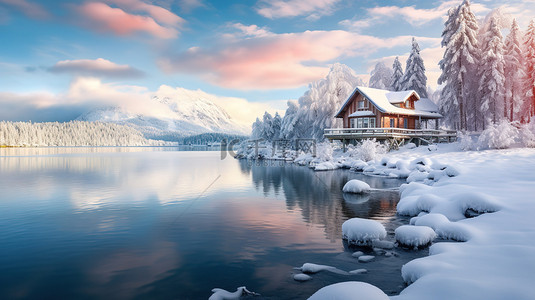 冬天雪景湖边的房子2