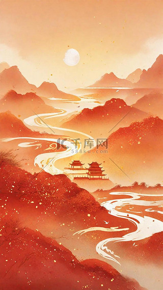 中式背景背景图片_大气国潮国风鎏金红金山河背景8