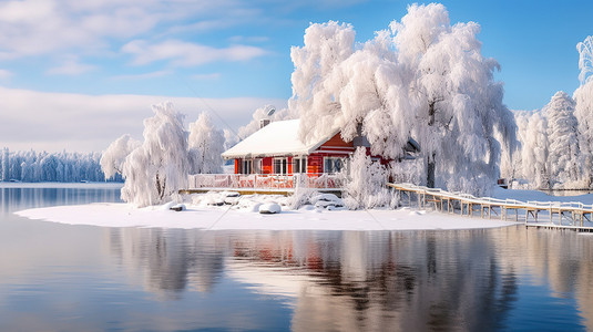 房子雪景背景图片_冬天雪景湖边的房子13