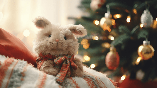 圣诞树下的毛绒玩具小兔子