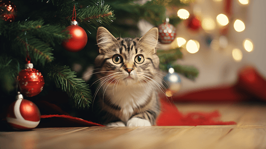 圣诞树下的可爱小猫