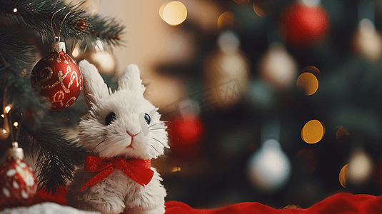 玩具小兔子摄影照片_圣诞树下的毛绒玩具小兔子