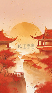中式背景背景图片_大气国潮国风鎏金红金山河背景18