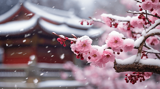 雪中梅花摄影照片_雪中盛放的寒梅特写