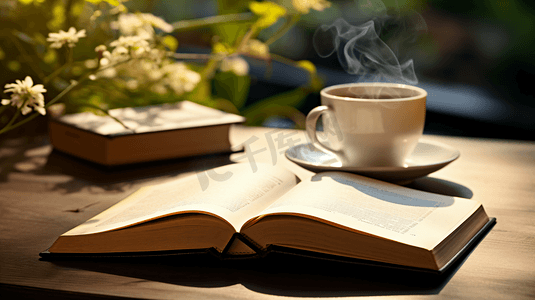 桌子上摊开的书籍和咖啡