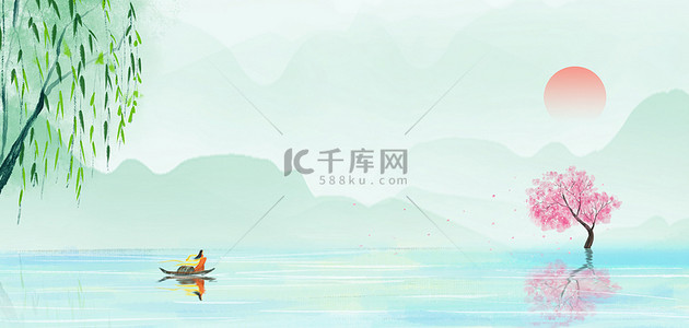 中国风绿色山水背景图片_春天柳枝山水绿色水墨春季海报背景