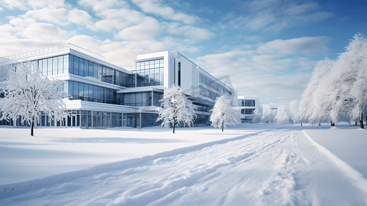 冬日冰雪覆盖的办公大楼