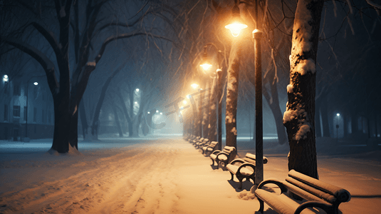 冬季夜晚街灯下的长椅