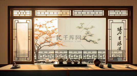 茶几中式茶几背景图片_中式装饰茶室窗户11