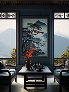 新中式家居背景背景图片_新中式山水风格家居背景3