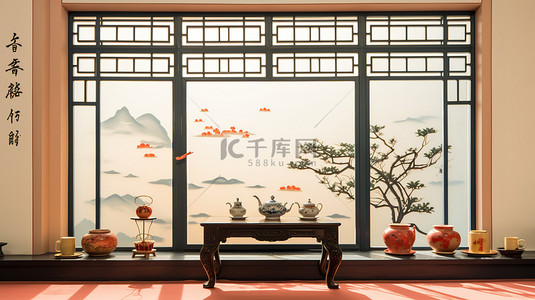 茶几中式茶几背景图片_中式装饰茶室窗户18