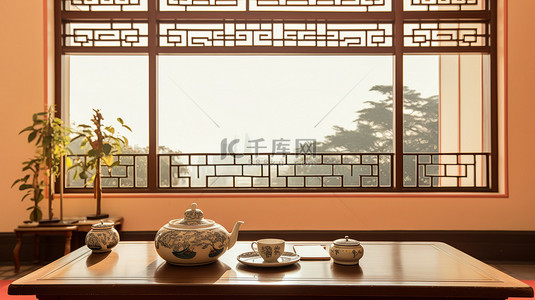 茶壶西式茶壶背景图片_中式装饰茶室窗户3