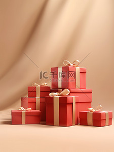 节日礼物素材背景图片_红色礼盒堆叠米色背景15素材