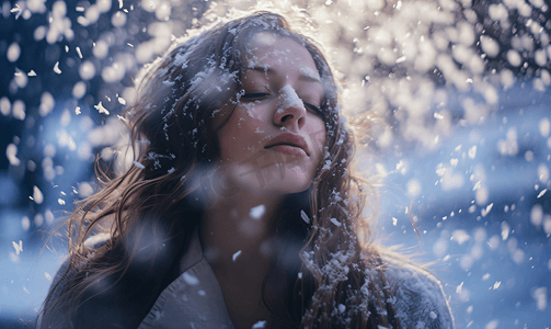 飘落摄影照片_冬季雪花飘落女人看下雪摄影图