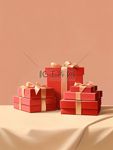 红色礼盒堆叠米色背景6素材