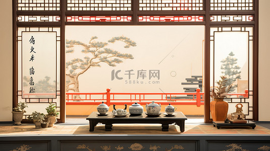 茶几中式茶几背景图片_中式装饰茶室窗户10