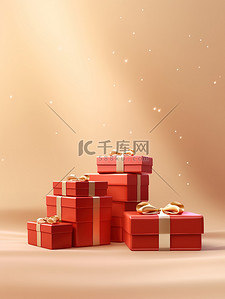 红色礼盒堆叠米色背景9图片