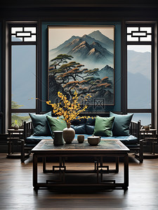 新中式家居背景背景图片_新中式山水风格家居背景10