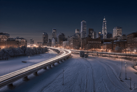 冬季下雪城市夜景摄影图0