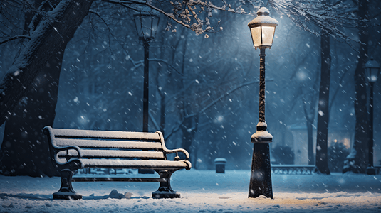 冬季夜晚街灯下的长椅