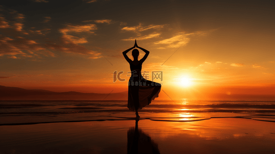 沙滩夕阳下练习瑜伽人物剪影背景6