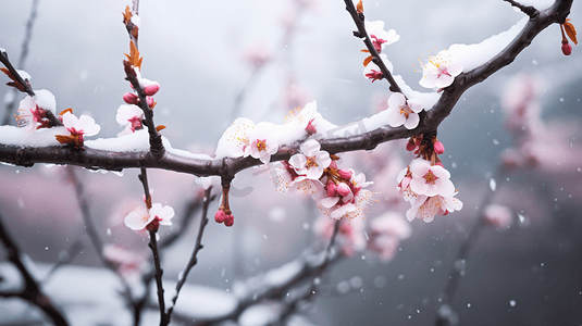 下雪梅花摄影照片_冬天下雪粉色梅花摄影图2