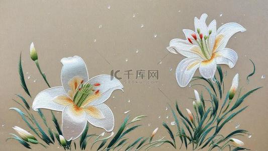 墙花朵背景图片_白色百合花国风刺绣艺术苏绣花朵装饰画素材