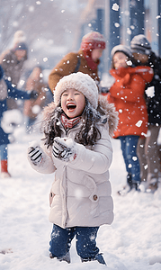 寒冷冬季打雪仗玩雪小孩摄影图2