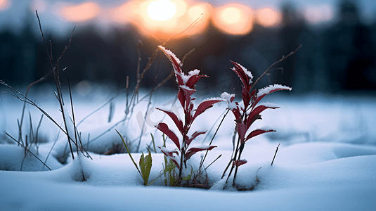 冬季雪地中顽强的小草