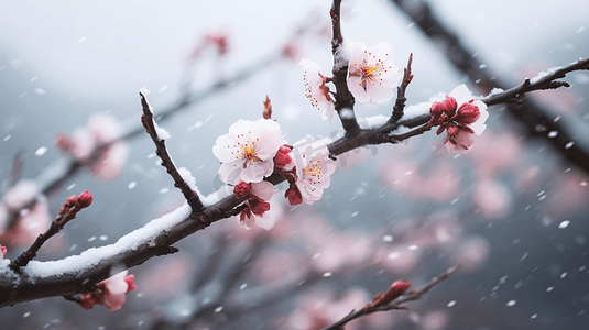 冬天雪中花朵摄影照片_雪中盛放的寒梅特写