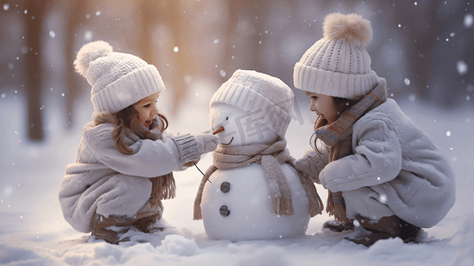 冬天小孩雪地里堆雪人摄影图1