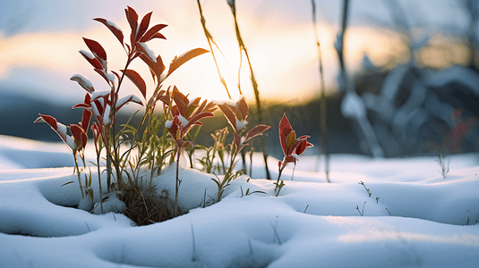 冬季雪地中顽强的小草