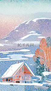 室内装饰画冬天风景雪地小屋背景