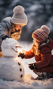 冬天大雪小孩玩雪雪地积雪堆雪人物摄影6