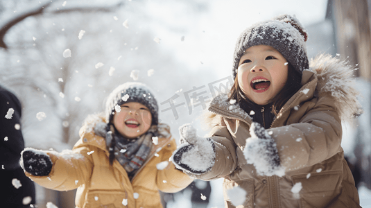 寒冷冬季打雪仗玩雪小孩摄影图5