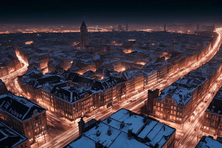冬天夜景图摄影照片_冬季下雪城市夜景摄影图