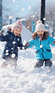 两个小女孩在雪地里玩雪摄影图