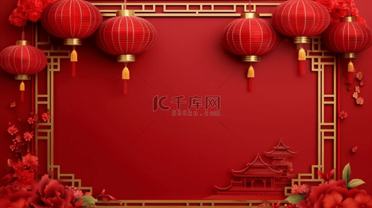 灯笼红背景图片_国风红金新年灯笼边框背景