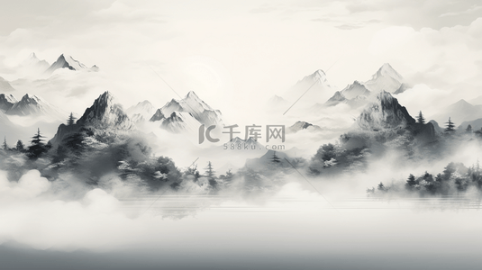 云雾背景背景图片_简约留白黑白云雾山水画背景2背景素材