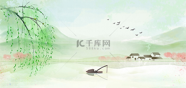 中国风桃花背景背景图片_春天水墨山水绿色古风春季海报背景
