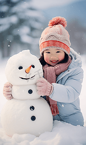 冬天小孩雪地里堆雪人摄影图9