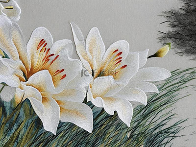 白色百合花国风刺绣艺术苏绣花朵装饰画设计