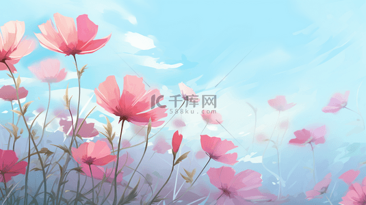 小花朵蓝色背景图片_春天小清新蓝底粉花背景