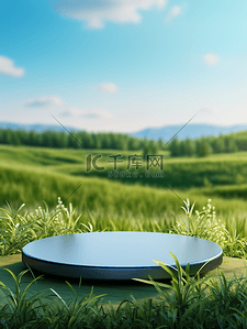 自然蓝天背景图片_绿色自然电商产品圆形展台背景2