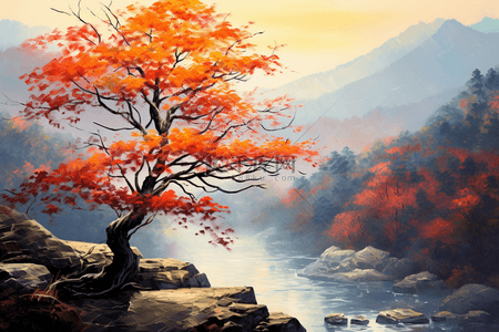 阳光树背景图片_绘画艺术枫叶树山水画背景(7)