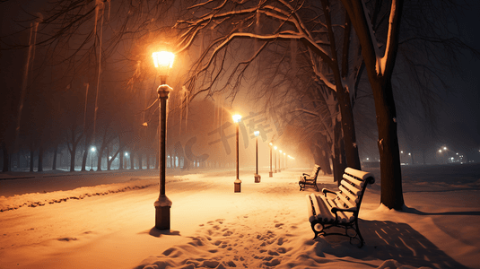 夜晚雪景摄影照片_冬季夜晚街灯下的长椅